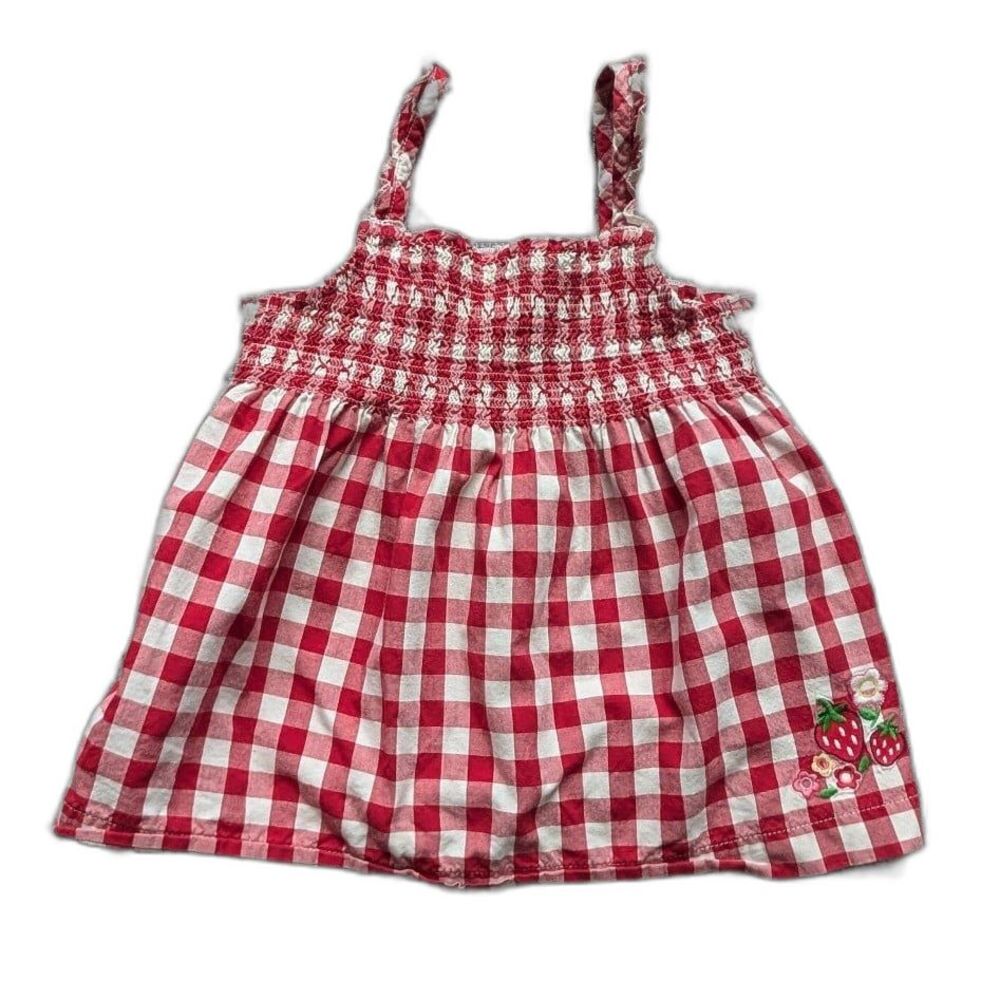 Vintage Y2K OshKosh Red Gingham Smocked Tank w/ Embroidered Strawberries 4T